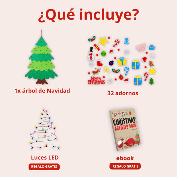 Arbol de Navidad de fieltro con 25 adornos + luces de 3 metros